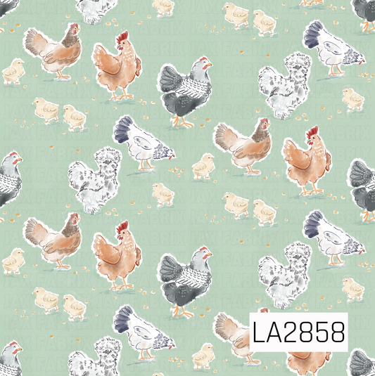 Light sage Chicken Design. clack and white chickens, browns chickens and baby yellow chicks