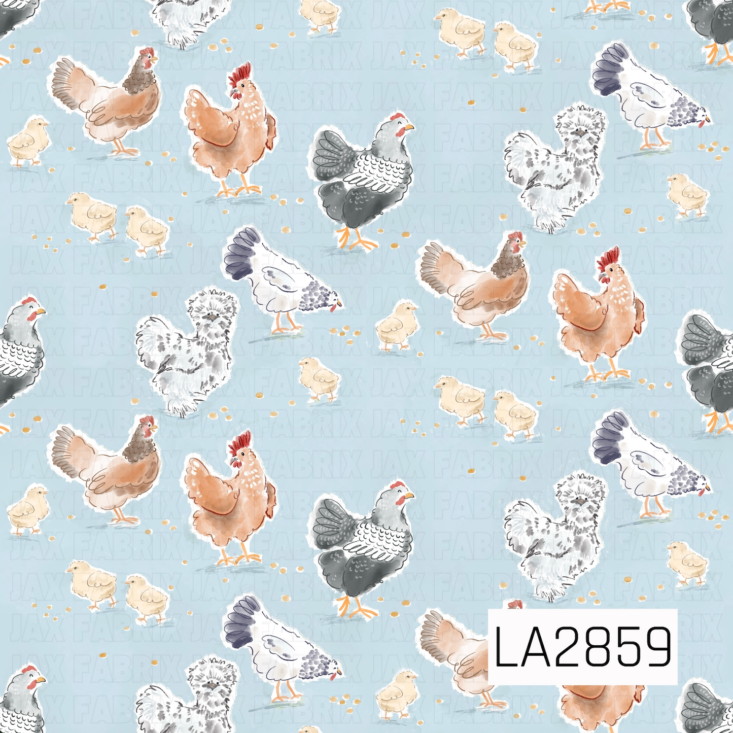 Dusty blue Chicken Design. clack and white chickens, browns chickens and baby yellow chicks