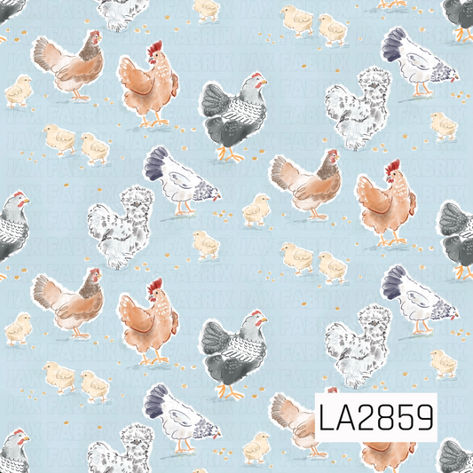 Dusty blue Chicken Design. clack and white chickens, browns chickens and baby yellow chicks