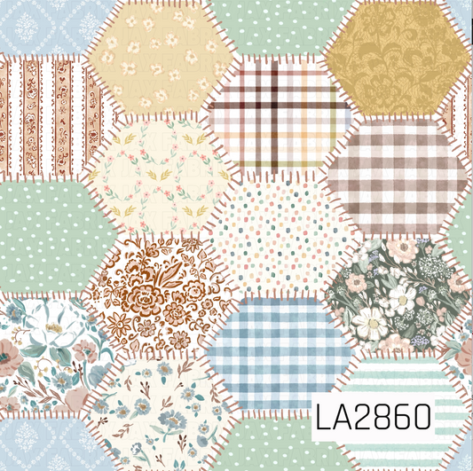 Hexagonal patchwork pattern with various textures and colors. a very vintage feel.
dots, florals, plaid, stripes