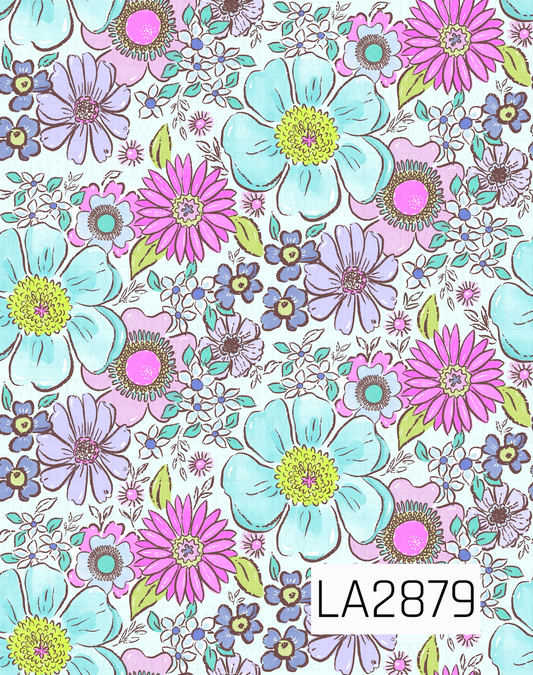 A charming floral pattern featuring oversized aqua blue blooms, bright pink daisies, soft lavender flowers, and tiny blue blossoms accented with fresh green leaves. Scattered across a pale aqua background, the colorful mix of aqua, pink, lavender, blue, and green creates a cheerful vintage-inspired design perfect for coordinating fabrics and bows.
