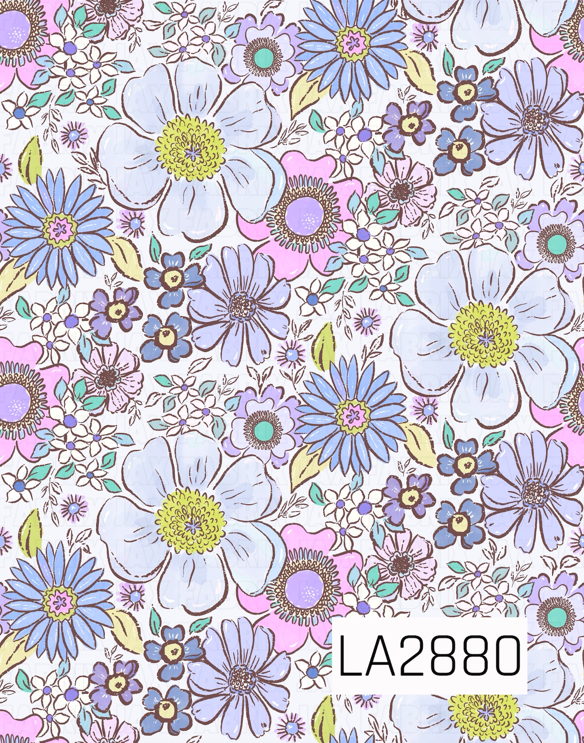A charming floral pattern featuring oversized soft lavender blooms, dusty blue daisies, delicate pink flowers, and tiny white blossoms accented with sage green leaves. Set against a pale lavender background, the blend of lavender, blue, pink, green, and cream tones creates a sweet vintage-inspired design that's perfect for coordinating fabrics and bows.
