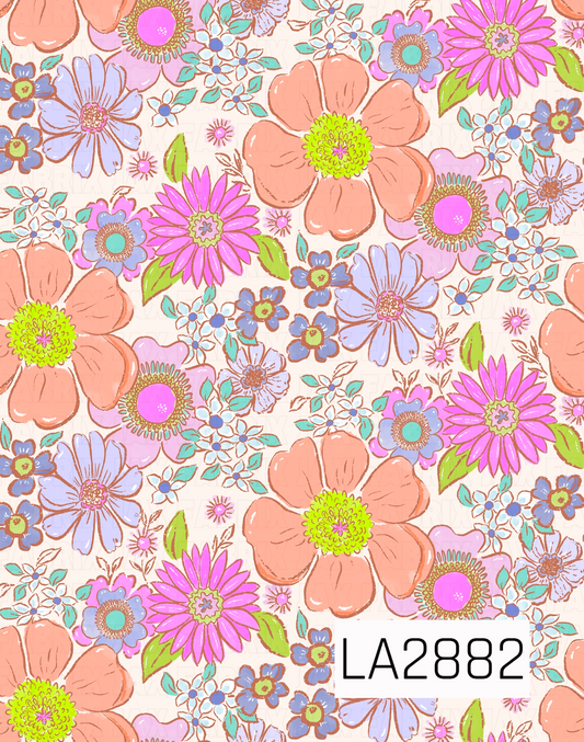 A cheerful floral pattern featuring oversized peach blooms, bright pink daisies, soft lavender flowers, and tiny blue blossoms accented with fresh green leaves. Scattered across a light cream background, the blend of peach, pink, lavender, blue, and green tones creates a charming vintage-inspired design that's perfect for coordinating fabrics and bows.
