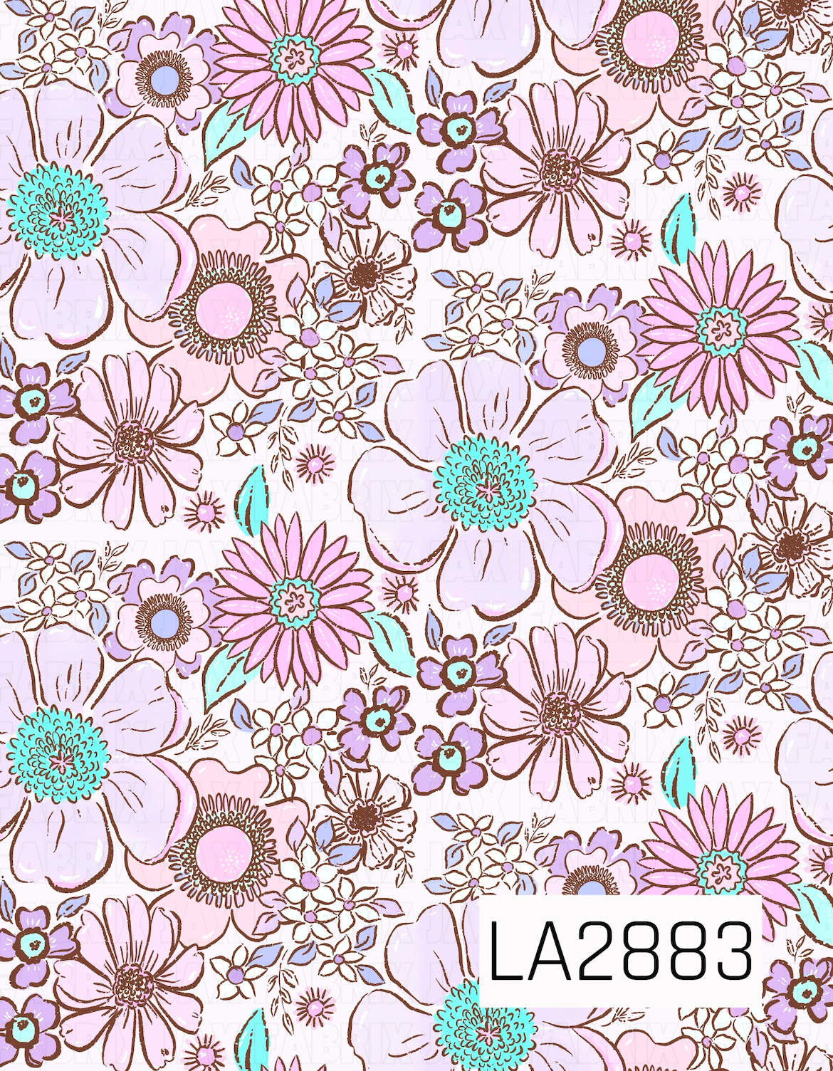 A charming floral pattern featuring oversized soft lilac blooms, pink daisies, delicate lavender flowers, and tiny white blossoms accented with aqua leaves. Set against a pale lavender background, the blend of lilac, pink, aqua, lavender, and cream tones creates a sweet vintage-inspired design that's perfect for coordinating fabrics and bows.
