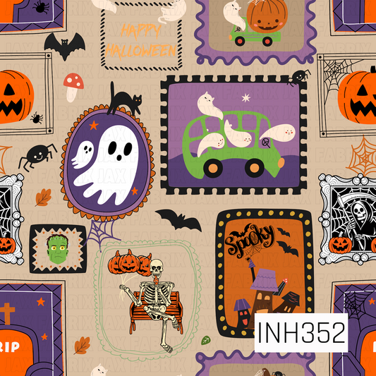 A whimsical Halloween patchwork pattern featuring vintage-style framed scenes with friendly ghosts, smiling jack-o'-lanterns, black cats, bats, spiders, skeletons, haunted houses, and spooky buses filled with ghosts. Set against a warm beige background, the playful illustrations in orange, purple, black, and cream create a charming not-so-scary Halloween aesthetic with a nostalgic storybook feel.
