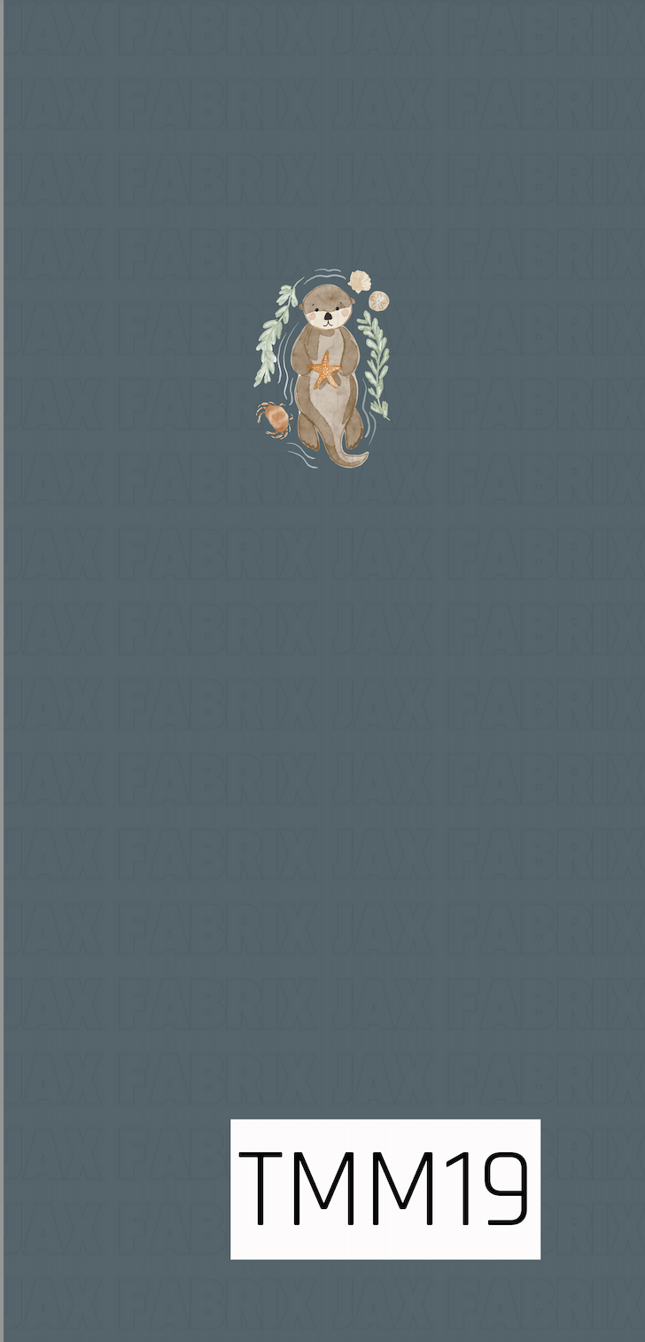 A sweet watercolor-style panel featuring a sea otter floating on a deep dusty navy blue background. The otter holds a starfish and is surrounded by soft sage green seaweed, a small crab, seashells, and delicate water-inspired accents. The muted brown, cream, and coastal tones create a calm, whimsical design with plenty of open space around the central artwork, making it a beautiful statement panel.
