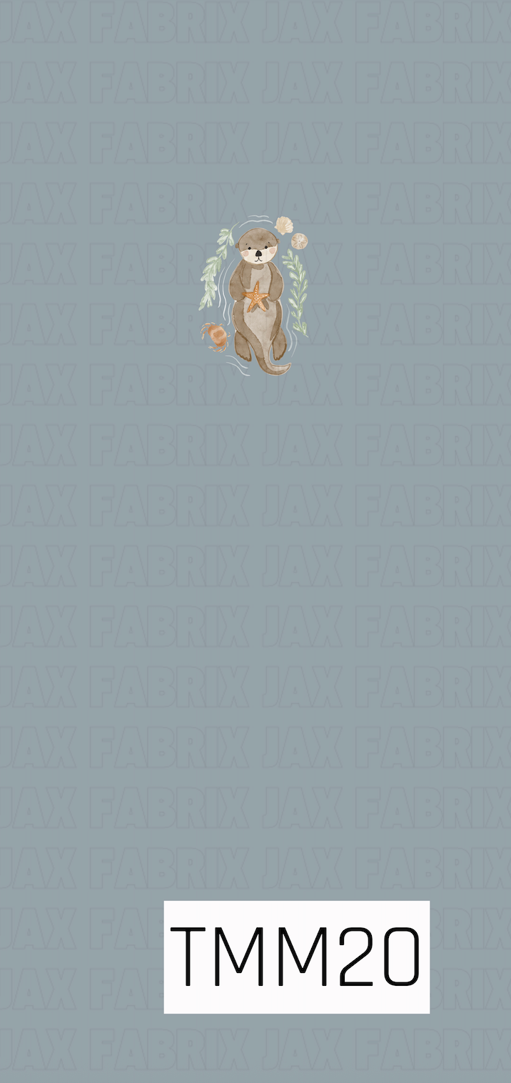 A charming watercolor-style panel featuring a sweet sea otter centered on a soft harbor blue background. The otter is holding a starfish and is surrounded by delicate sage green seaweed, a small crab, seashells, and subtle water accents. The gentle shades of blue, tan, cream, and soft green create a calm, cozy design with a simple, airy layout that highlights the adorable otter illustration.
