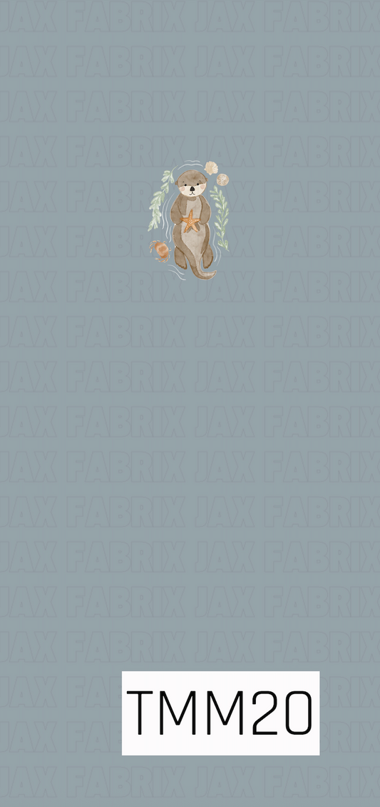 A charming watercolor-style panel featuring a sweet sea otter centered on a soft harbor blue background. The otter is holding a starfish and is surrounded by delicate sage green seaweed, a small crab, seashells, and subtle water accents. The gentle shades of blue, tan, cream, and soft green create a calm, cozy design with a simple, airy layout that highlights the adorable otter illustration.
