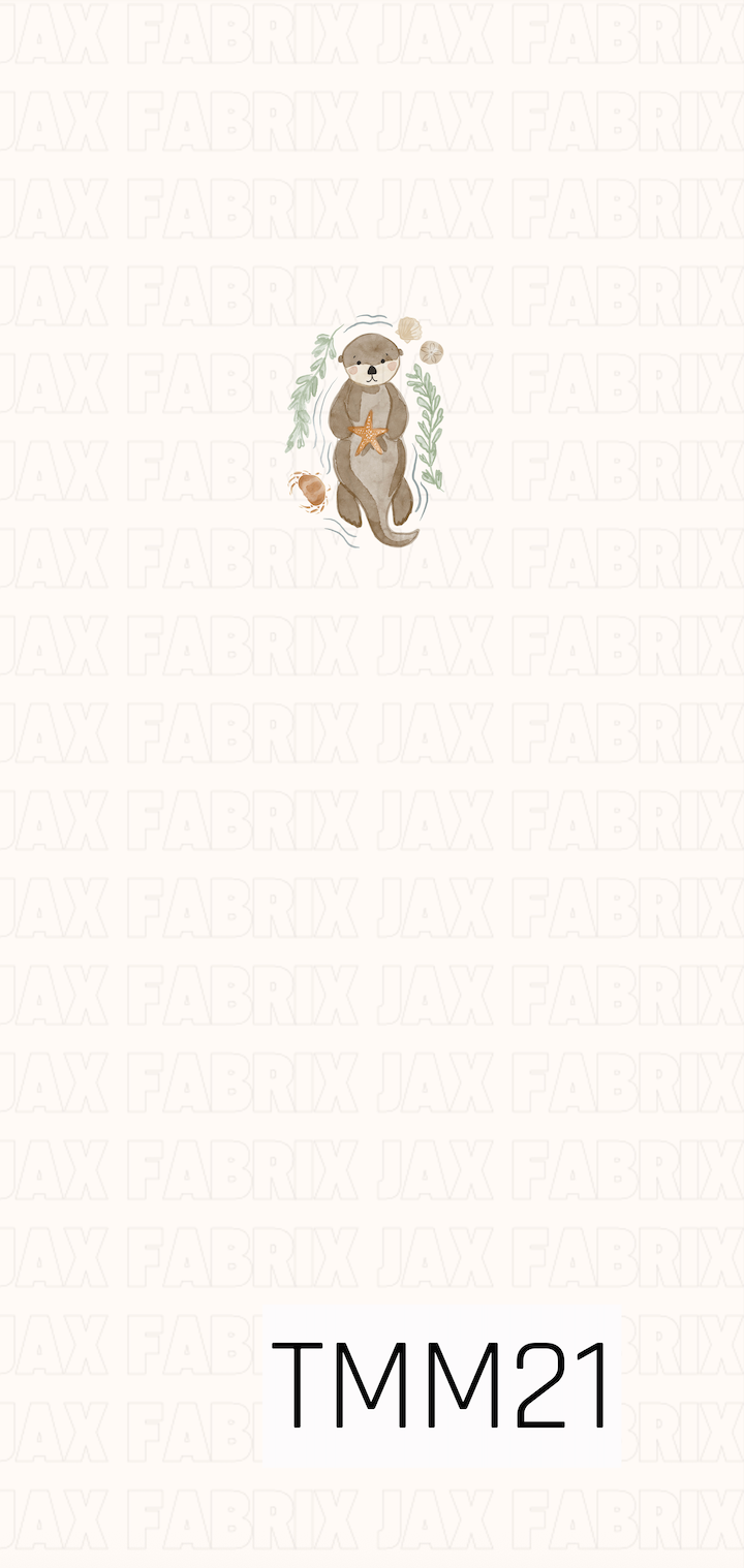 A charming watercolor-style panel featuring a sweet sea otter holding a starfish on a soft cream background. Delicate sage green seaweed, a small crab, seashells, and subtle water accents surround the otter, while gentle shades of tan, brown, cream, and soft green create a light, airy, and timeless design. The simple layout keeps the focus on the adorable central illustration.
