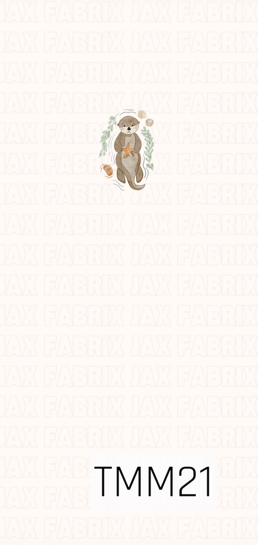 A charming watercolor-style panel featuring a sweet sea otter holding a starfish on a soft cream background. Delicate sage green seaweed, a small crab, seashells, and subtle water accents surround the otter, while gentle shades of tan, brown, cream, and soft green create a light, airy, and timeless design. The simple layout keeps the focus on the adorable central illustration.
