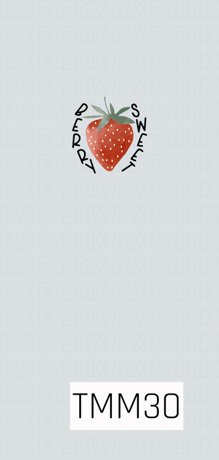 A centered watercolor panel featuring a bright red strawberry with muted green leaves, surrounded by the words **"Berry Sweet"** in a playful black handwritten font. Set on a soft dusty blue background, this sweet and simple design has a fresh, cheerful farmhouse-inspired style.
