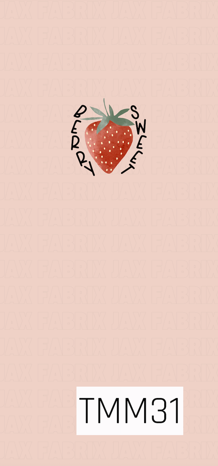 A centered watercolor panel featuring a bright red strawberry with muted green leaves, surrounded by the words **"Berry Sweet"** in a playful black handwritten font. Set on a soft blush pink background, this sweet and simple design has a fresh, cheerful farmhouse-inspired style.
