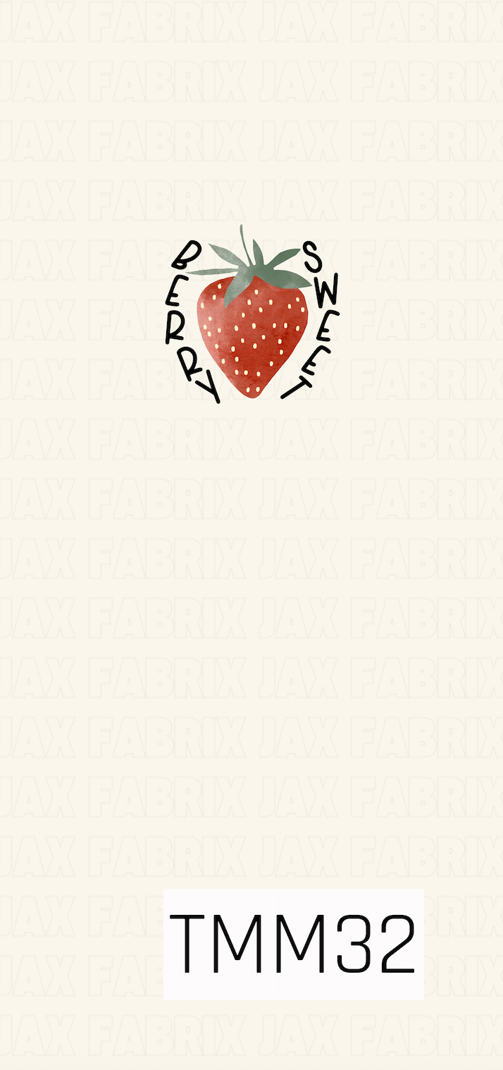 A centered watercolor panel featuring a bright red strawberry with muted green leaves, surrounded by the words **"Berry Sweet"** in a playful black handwritten font. The design is set on a soft cream background, creating a simple, charming focal panel with a clean, modern farmhouse feel.

