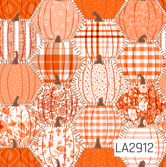 A charming patchwork pumpkin design featuring hand-painted pumpkins filled with coordinating fall prints including gingham, florals, stripes, polka dots, and delicate botanical patterns. Each pumpkin is accented with stitched edges, creating a cozy quilt-inspired look in warm shades of orange, peach, and cream that captures the heart of the harvest season.
