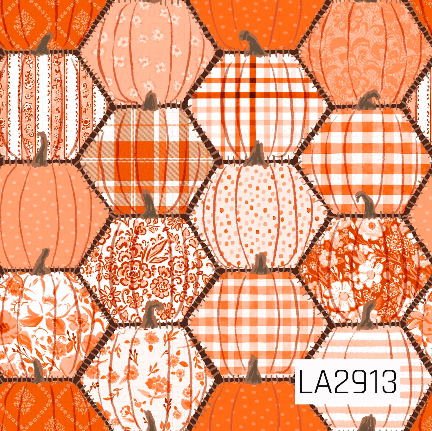 A cozy patchwork pumpkin design featuring hand-painted pumpkins pieced together in a quilt-inspired layout. Each pumpkin showcases coordinating autumn patterns including gingham, florals, stripes, polka dots, and delicate botanicals, all outlined with rich stitched details. Set against a warm brown background, this charming design brings a rustic harvest feel that's perfect for fall and Thanksgiving projects.
