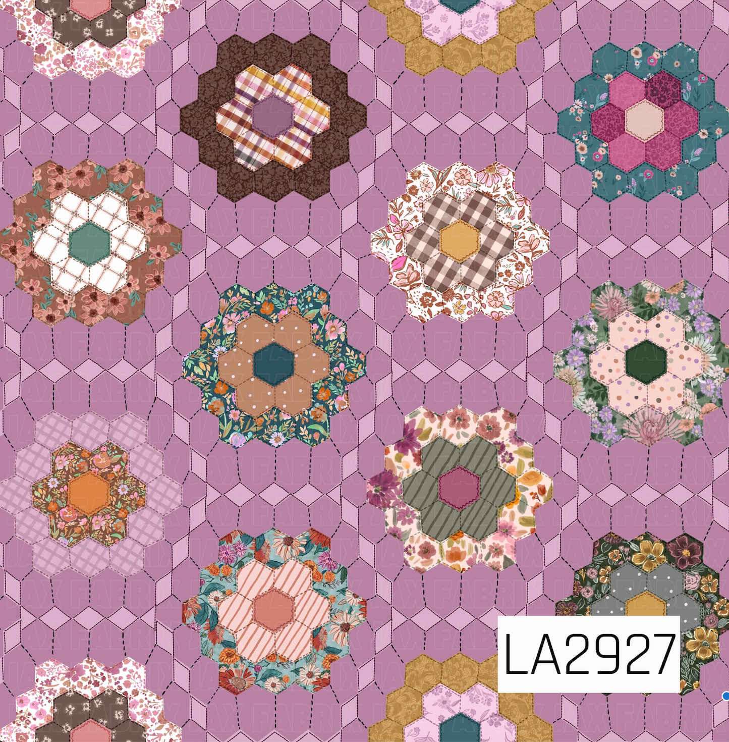 A charming patchwork-inspired pattern featuring floral hexagon quilt blocks arranged across a soft amethyst purple background. Each quilt motif showcases a unique mix of florals, plaids, polka dots, and textured prints in warm shades of mauve, blush, teal, mustard, sage, and brown, creating a cozy handcrafted design with a vintage heirloom feel.

