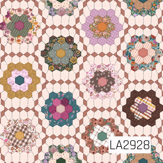 A charming patchwork-inspired pattern featuring floral hexagon quilt blocks arranged across a soft cappuccino cream background. Each quilt motif showcases a unique mix of florals, plaids, polka dots, and textured prints in warm shades of mauve, blush, teal, mustard, sage, and brown, creating a cozy handcrafted design with a timeless vintage quilt aesthetic.
