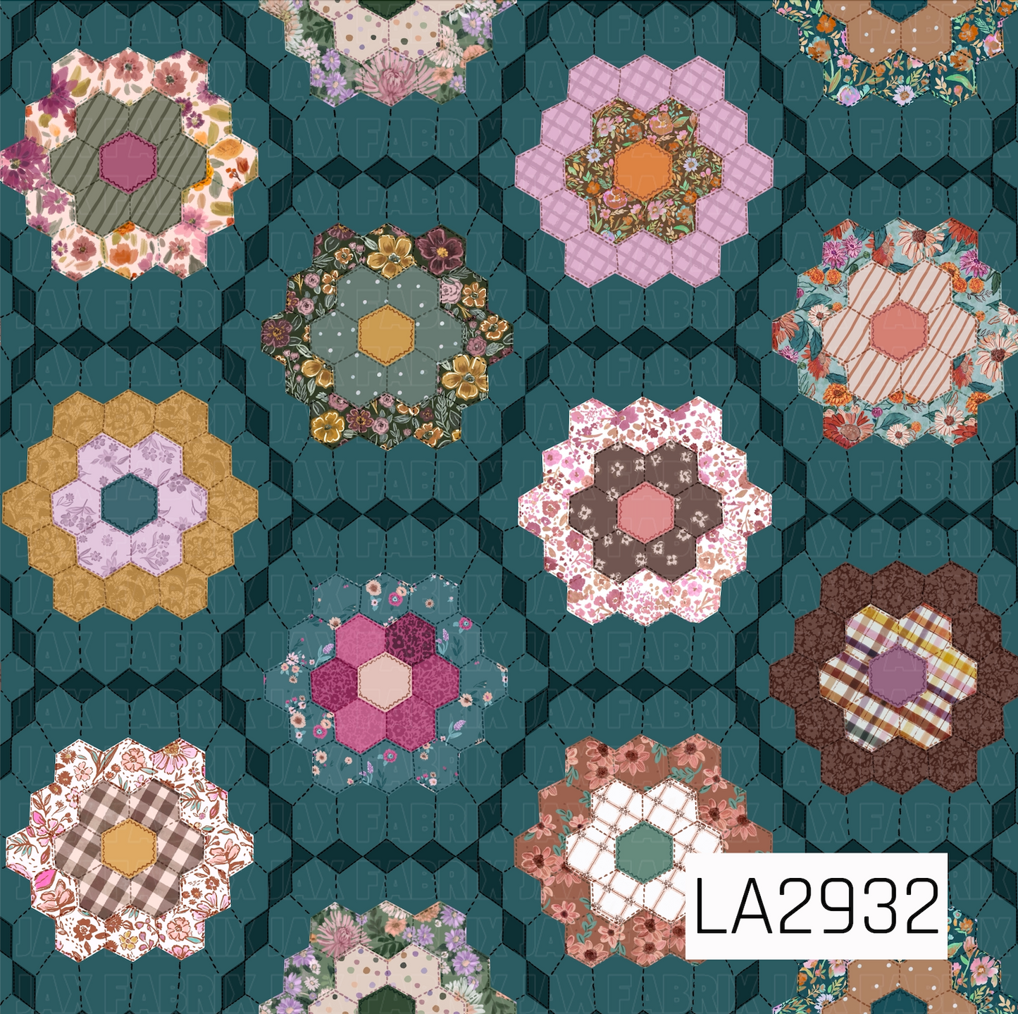 A charming patchwork-inspired pattern featuring floral hexagon quilt blocks arranged across a rich teal background. Each quilt motif showcases a unique mix of florals, plaids, polka dots, and textured prints in warm shades of mauve, blush, mustard, sage, cream, and brown, creating a cozy handcrafted design with a timeless vintage quilt aesthetic.
