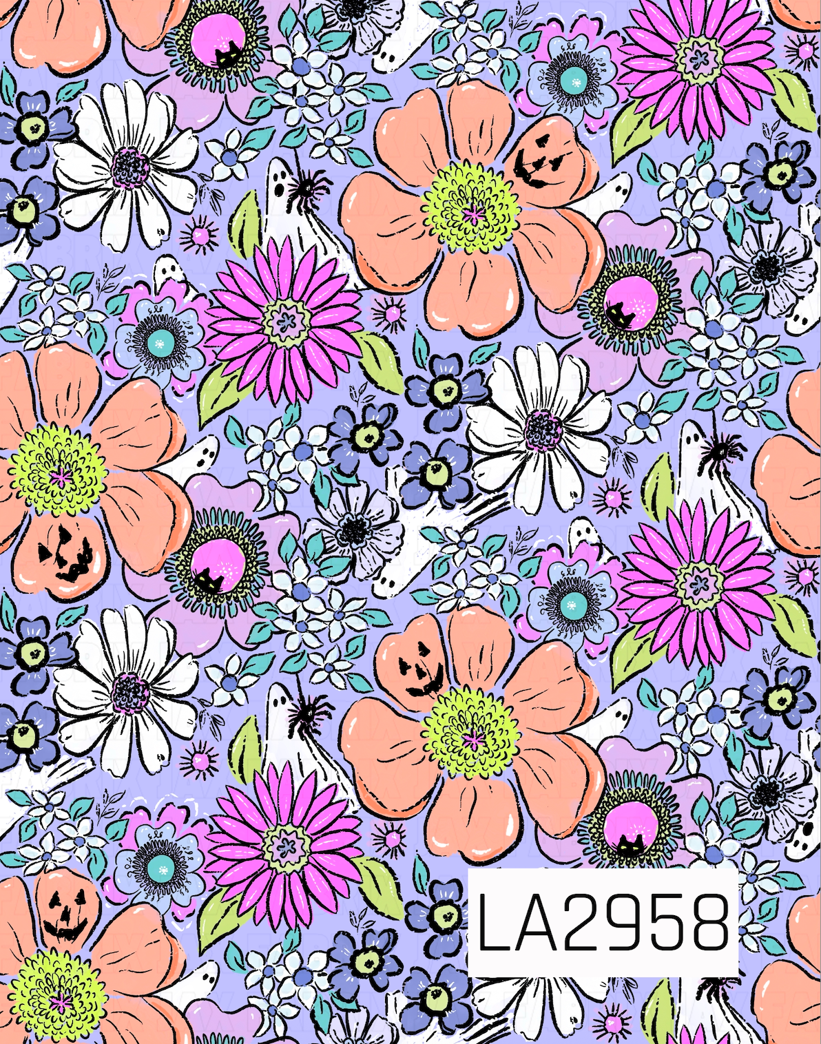 A whimsical seamless pattern featuring a vibrant mix of hand-drawn florals in peach, fuchsia, white, lavender, and blue scattered across a soft lavender background. Playful Halloween details, including smiling jack-o'-lantern blooms, tiny ghosts, spiders, and black cats peeking from flower centers, add a fun spooky twist to this colorful floral garden design.
