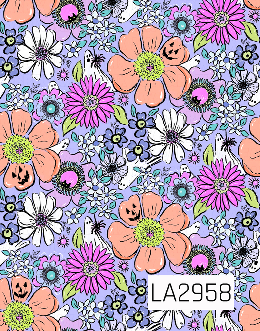 A whimsical seamless pattern featuring a vibrant mix of hand-drawn florals in peach, fuchsia, white, lavender, and blue scattered across a soft lavender background. Playful Halloween details, including smiling jack-o'-lantern blooms, tiny ghosts, spiders, and black cats peeking from flower centers, add a fun spooky twist to this colorful floral garden design.
