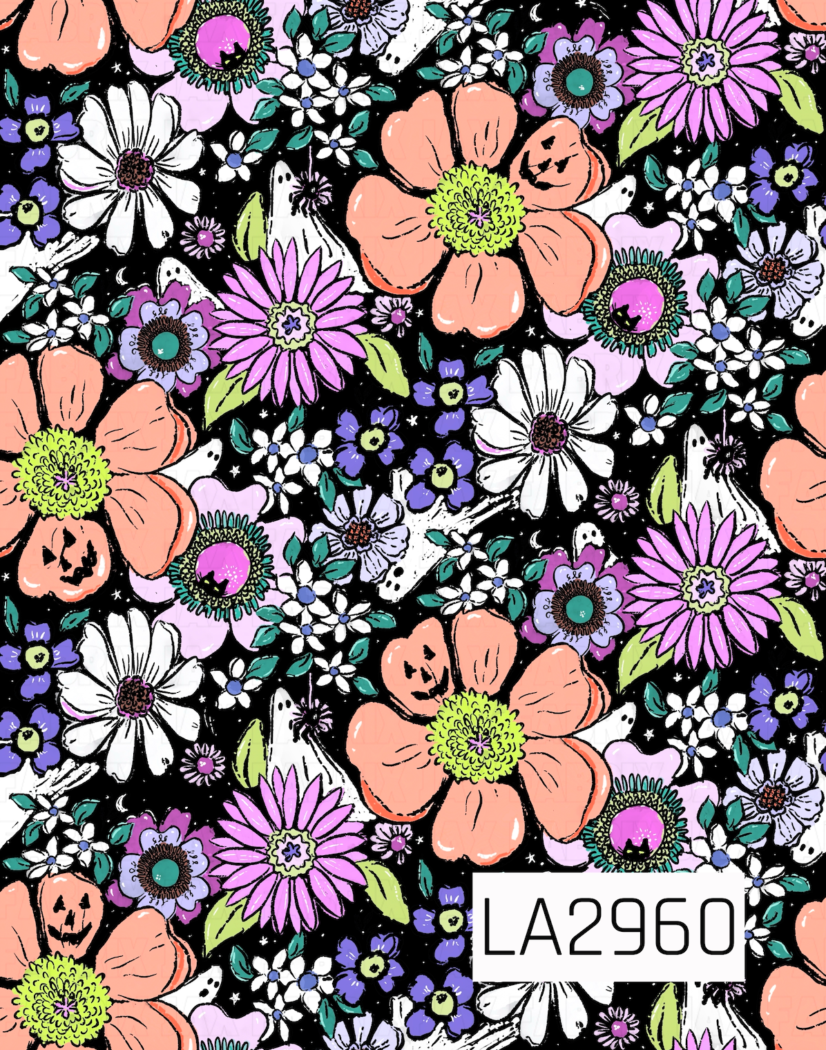 A whimsical Halloween floral seamless pattern featuring hand-drawn blooms in peach, white, lavender, purple, and pink with lush green foliage on a black background. Hidden among the flowers are playful ghosts, smiling jack-o'-lanterns, tiny spiders, and black cats, creating a bold yet charming design that perfectly blends spooky and sweet.
