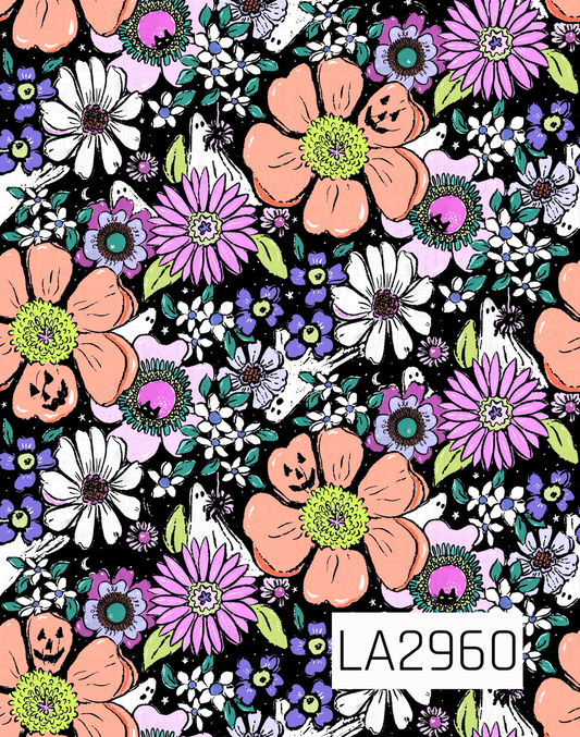 A whimsical Halloween floral seamless pattern featuring hand-drawn blooms in peach, white, lavender, purple, and pink with lush green foliage on a black background. Hidden among the flowers are playful ghosts, smiling jack-o'-lanterns, tiny spiders, and black cats, creating a bold yet charming design that perfectly blends spooky and sweet.
