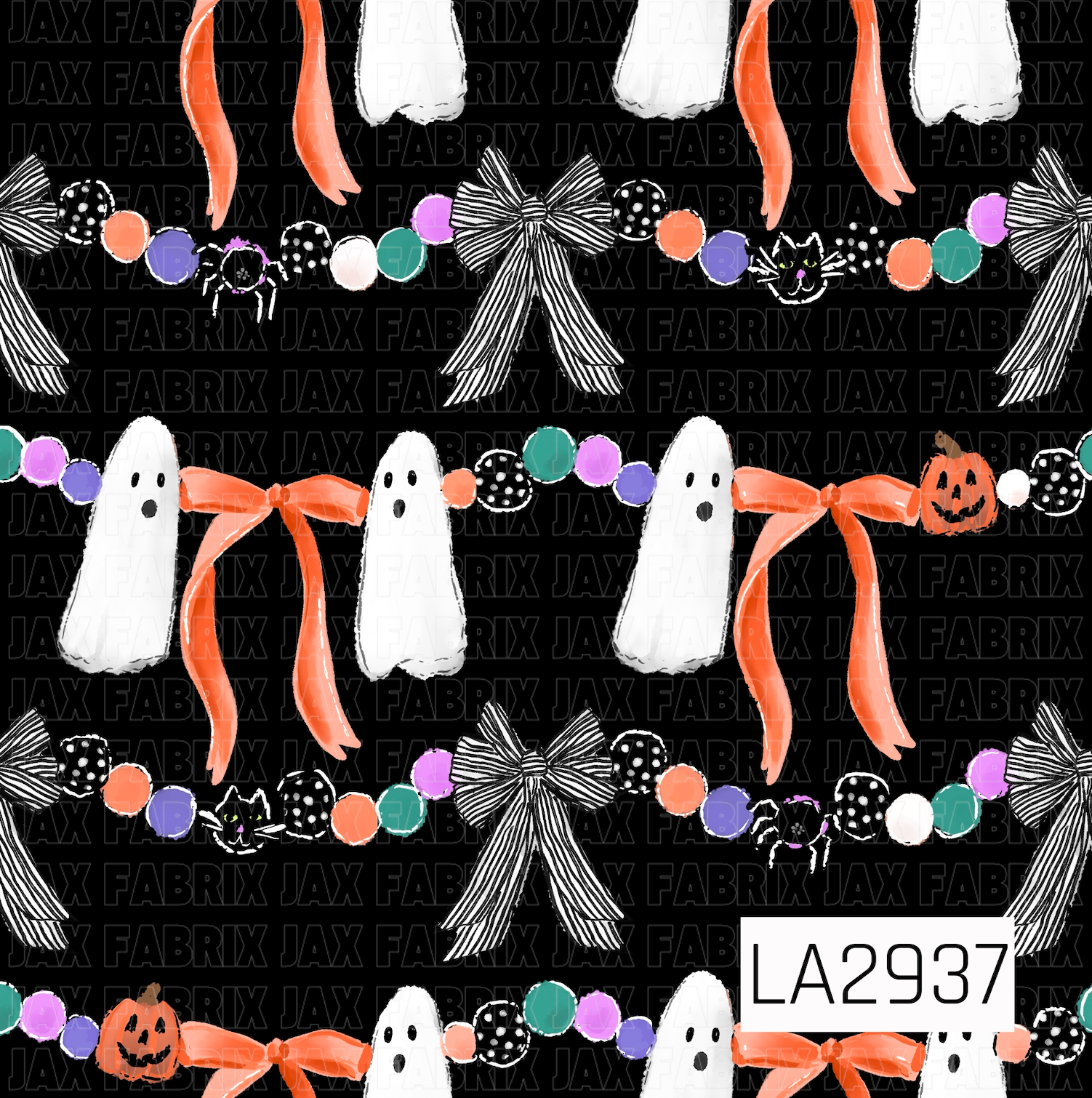 A whimsical Halloween garland pattern featuring sweet little ghosts, oversized orange bows, black-and-white striped ribbon bows, colorful pom-poms, playful spiders, black cats, and smiling jack-o'-lanterns on a bold black background. This festive design combines cute spooky elements with bright pops of color for a fun and charming seasonal look.
