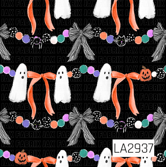 A whimsical Halloween garland pattern featuring sweet little ghosts, oversized orange bows, black-and-white striped ribbon bows, colorful pom-poms, playful spiders, black cats, and smiling jack-o'-lanterns on a bold black background. This festive design combines cute spooky elements with bright pops of color for a fun and charming seasonal look.

