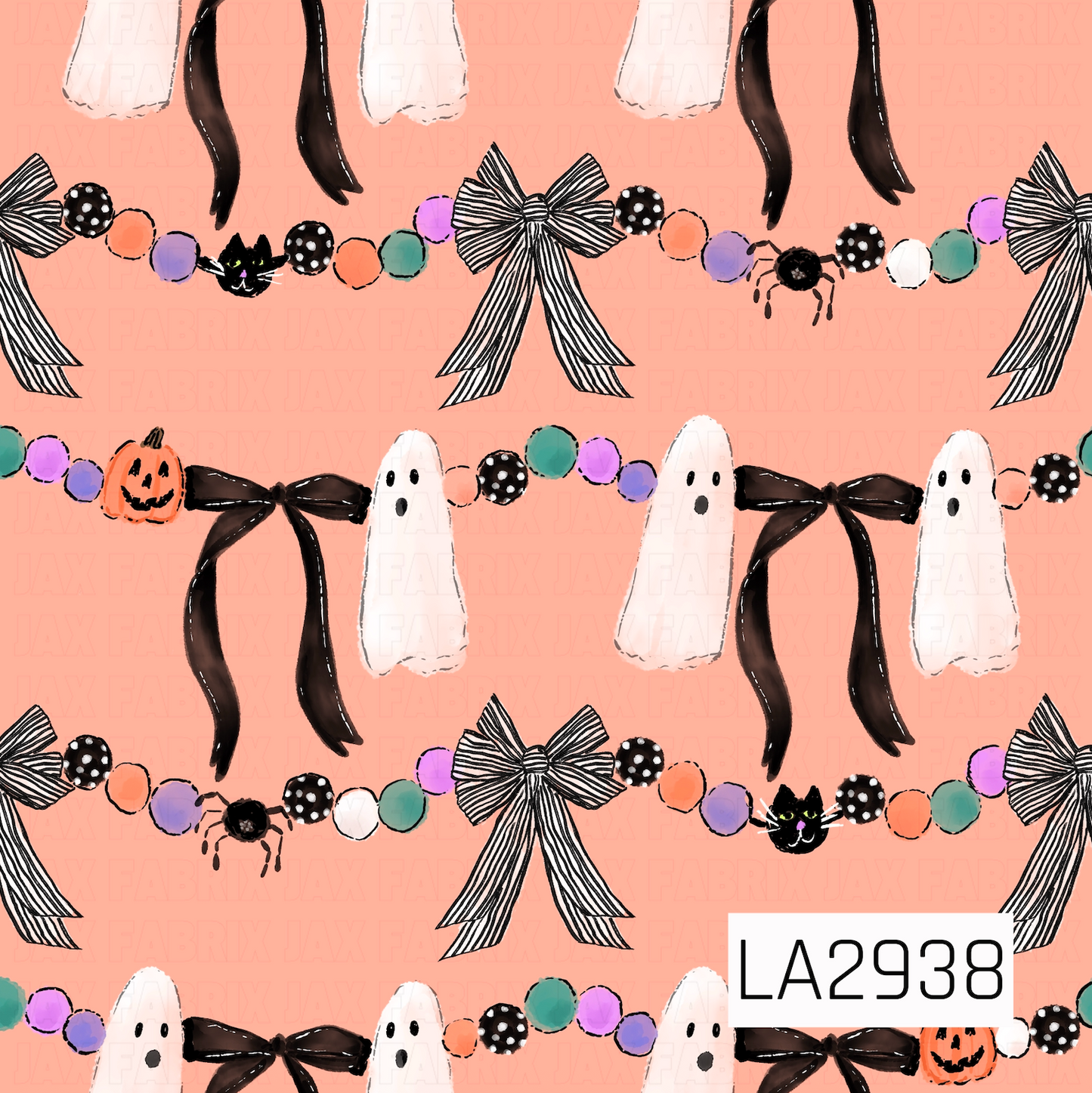 A playful Halloween garland pattern featuring friendly ghosts, flowing black ribbon bows, black-and-white striped bows, colorful pom-poms, mischievous black cats, tiny spiders, and cheerful jack-o'-lanterns on a soft peach background. The whimsical watercolor details and festive accents create a fun, lighthearted design with a sweet spooky charm.
