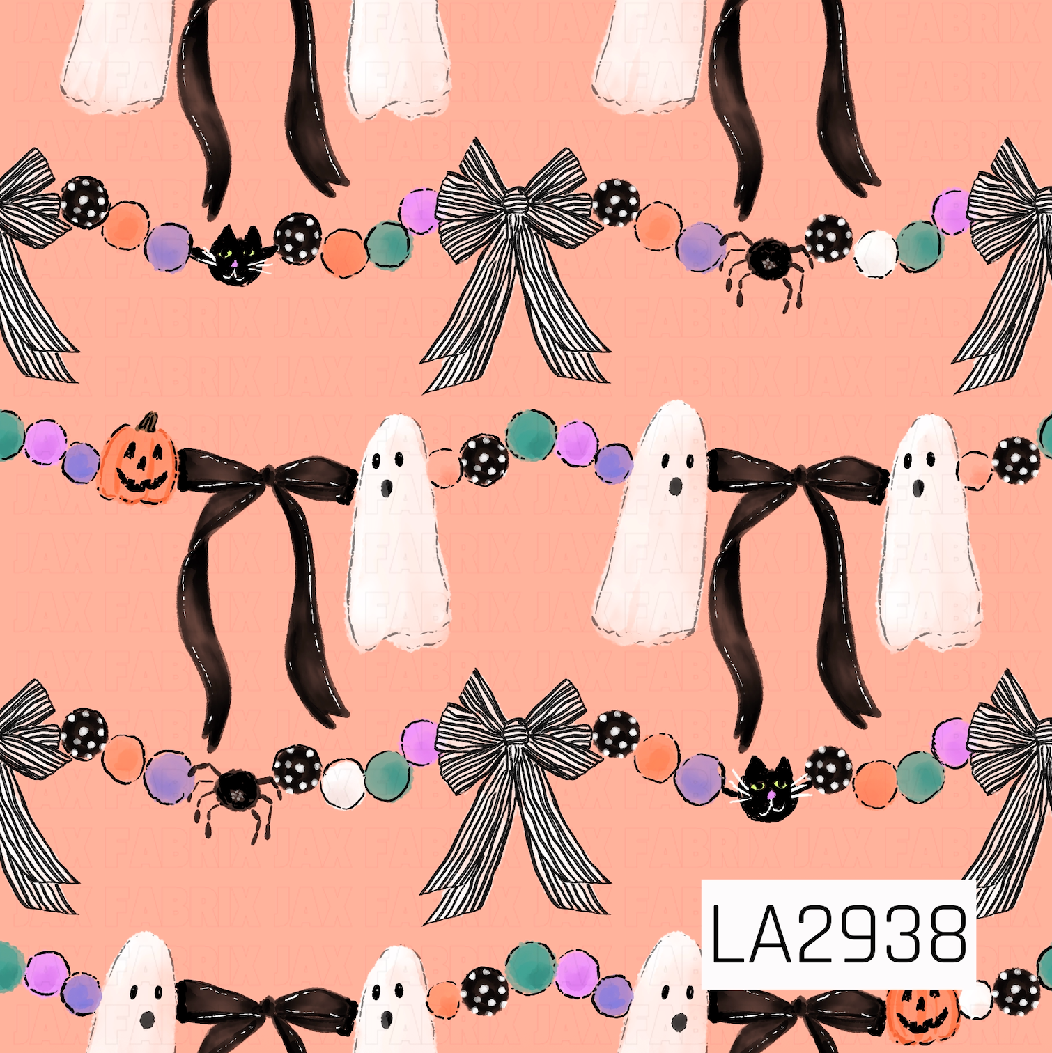 A playful Halloween garland pattern featuring friendly ghosts, flowing black ribbon bows, black-and-white striped bows, colorful pom-poms, mischievous black cats, tiny spiders, and cheerful jack-o'-lanterns on a soft peach background. The whimsical watercolor details and festive accents create a fun, lighthearted design with a sweet spooky charm.
