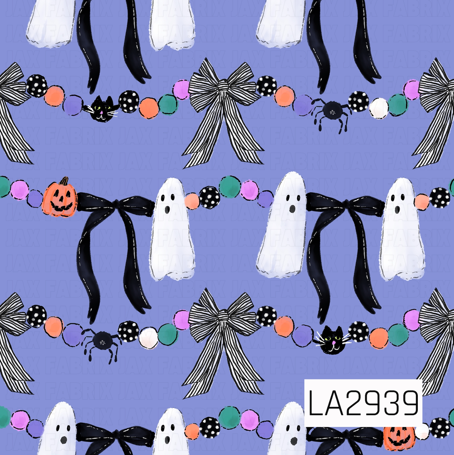 A whimsical Halloween garland pattern featuring friendly ghosts, flowing black ribbon bows, black-and-white striped bows, colorful pom-poms, playful spiders, mischievous black cats, and smiling jack-o'-lanterns on a soft periwinkle background. The watercolor-inspired details and cheerful Halloween accents create a fun, festive design with a charming spooky feel.
