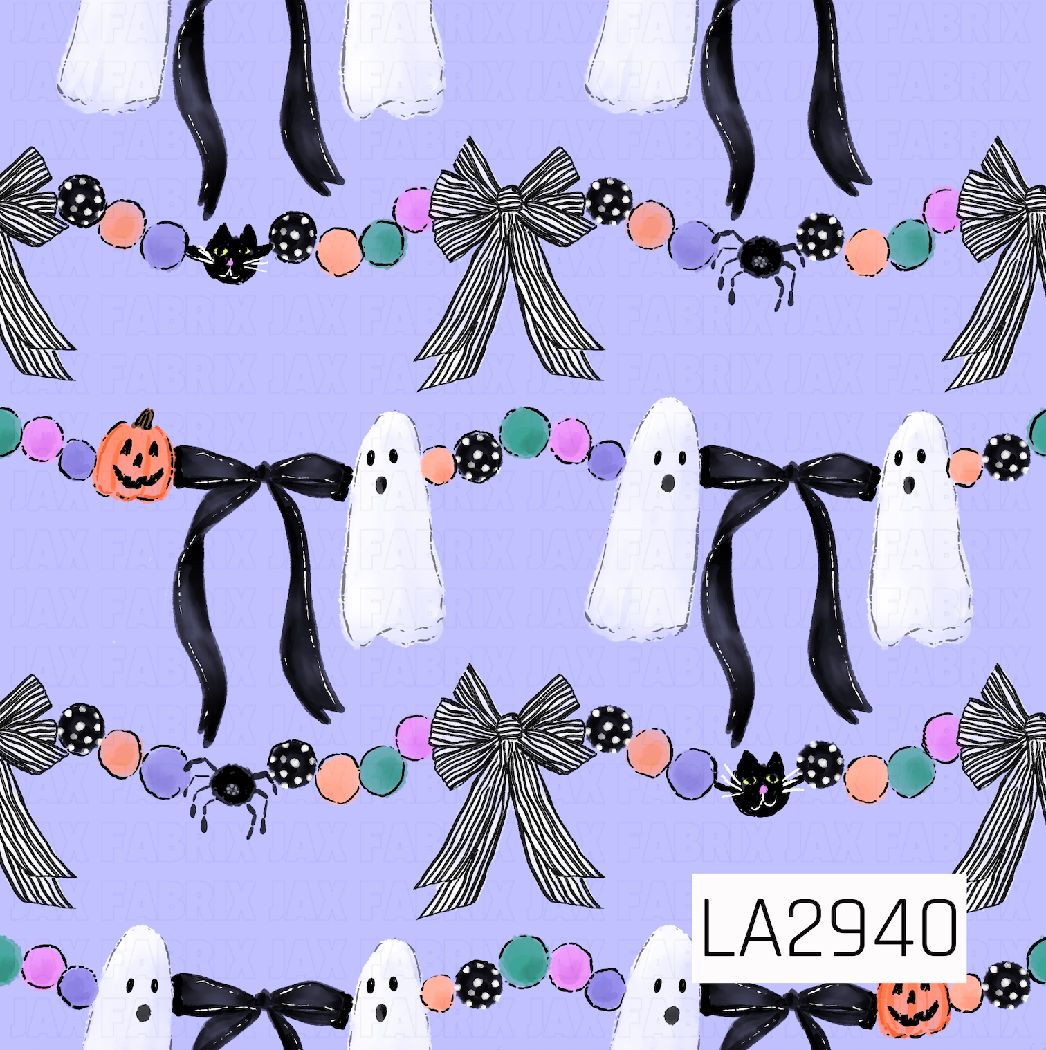 A whimsical Halloween garland pattern featuring adorable ghosts, flowing black ribbon bows, black-and-white striped bows, colorful pom-poms, playful spiders, mischievous black cats, and smiling jack-o'-lanterns on a light lavender background. The soft watercolor details and cheerful Halloween accents create a charming, festive design with a cute spooky vibe.
