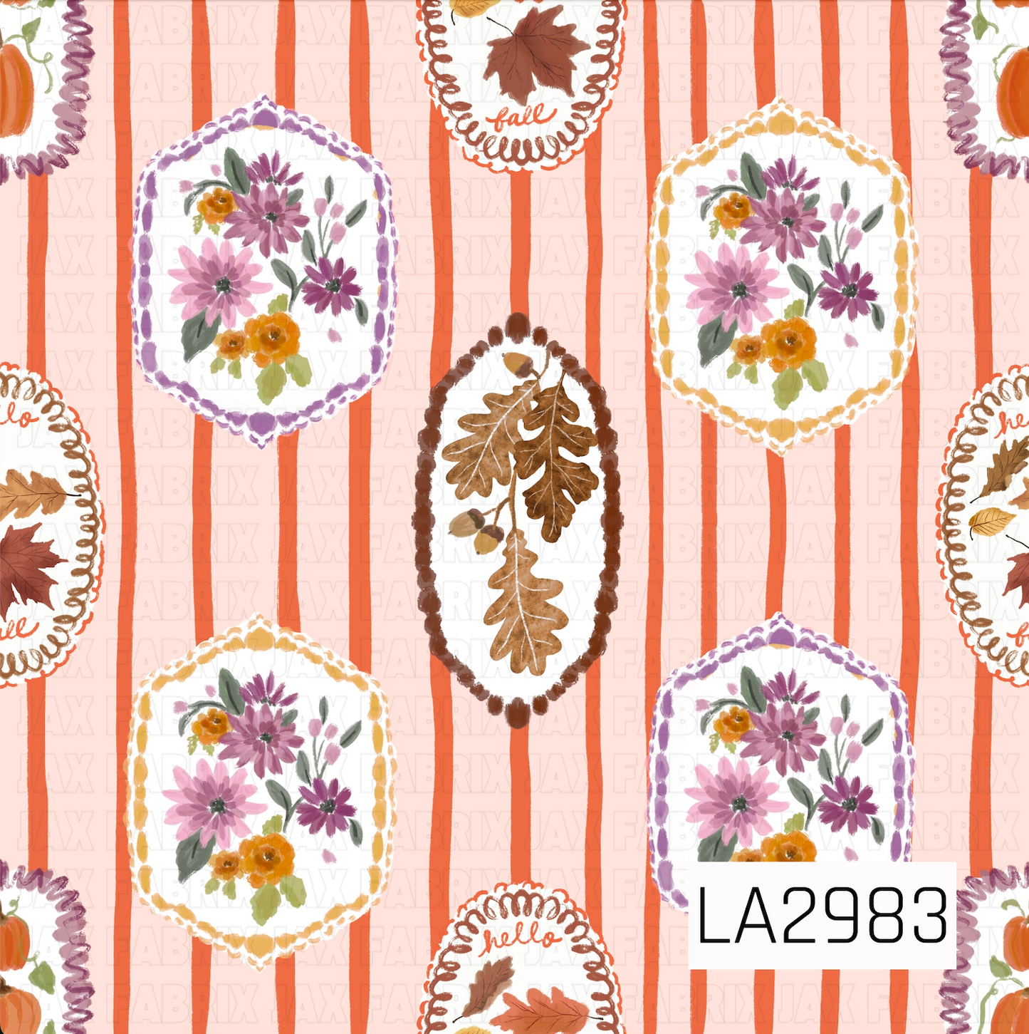 A charming fall pattern featuring vintage-inspired floral and botanical frames scattered across a soft blush background with warm orange painterly stripes. Filled with hand-painted blooms, autumn leaves, and cozy seasonal details, this design blends rustic harvest charm with a whimsical cottage aesthetic. Perfect for fall and Thanksgiving projects.
