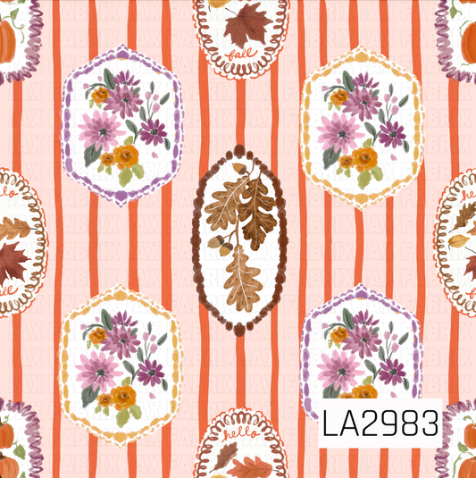 A charming fall pattern featuring vintage-inspired floral and botanical frames scattered across a soft blush background with warm orange painterly stripes. Filled with hand-painted blooms, autumn leaves, and cozy seasonal details, this design blends rustic harvest charm with a whimsical cottage aesthetic. Perfect for fall and Thanksgiving projects.

