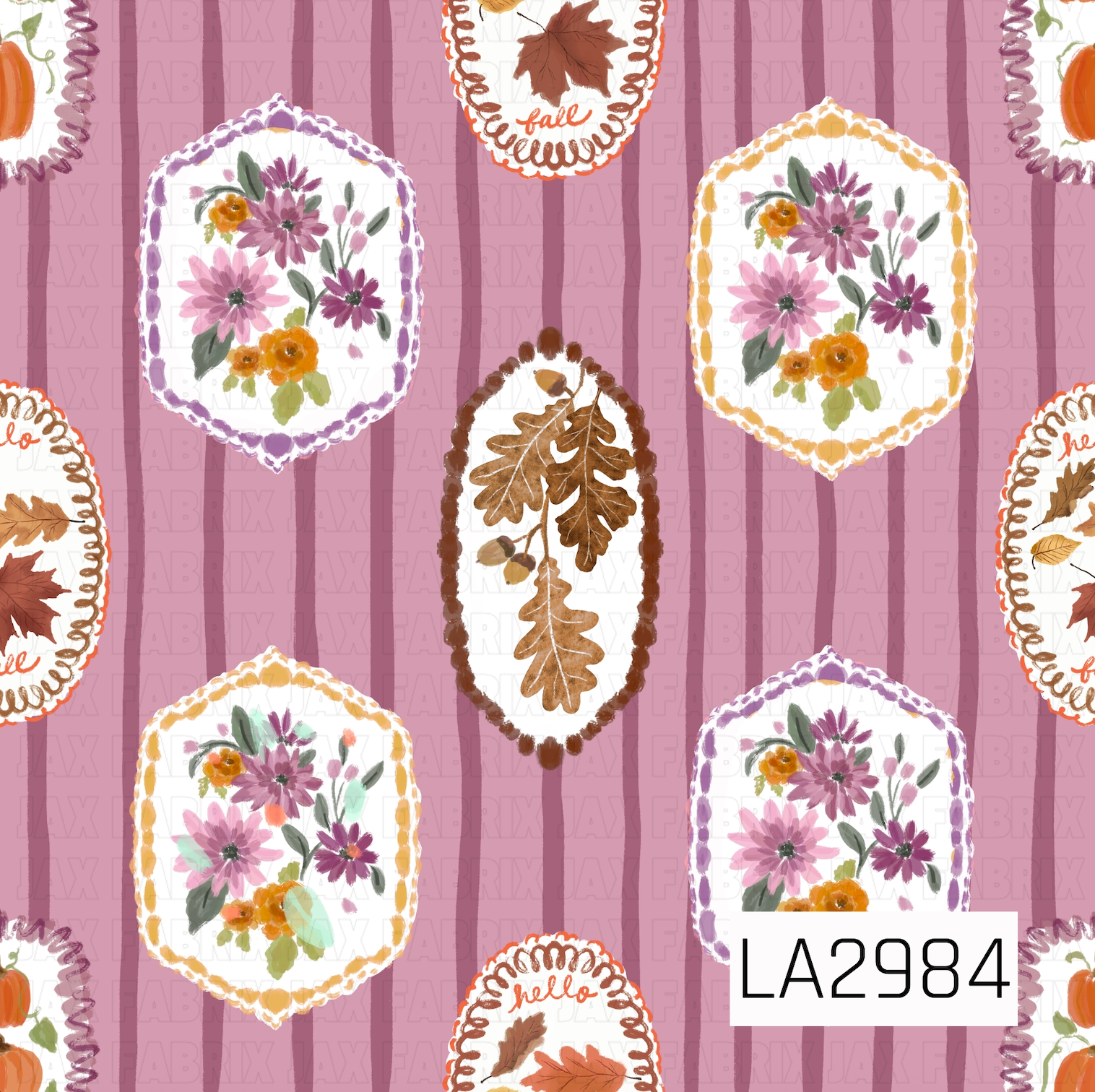 A whimsical fall pattern featuring vintage-inspired floral and botanical frames set against a muted mauve striped background. Hand-painted florals, autumn leaves, pumpkins, and cozy seasonal accents create a warm, nostalgic design with a soft cottage-inspired feel that's perfect for fall and Thanksgiving.
