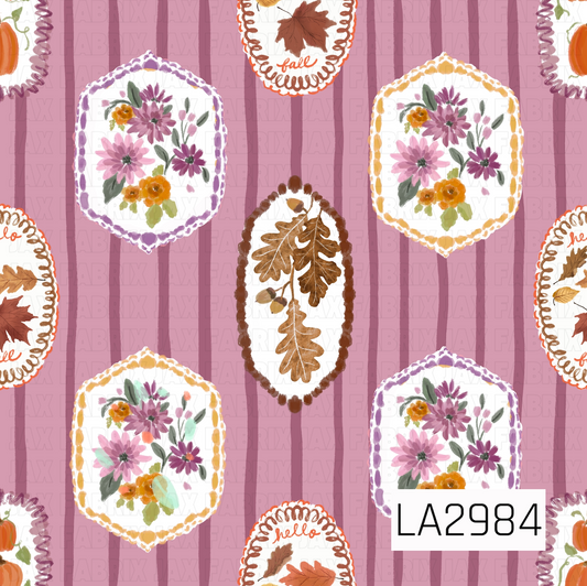 A whimsical fall pattern featuring vintage-inspired floral and botanical frames set against a muted mauve striped background. Hand-painted florals, autumn leaves, pumpkins, and cozy seasonal accents create a warm, nostalgic design with a soft cottage-inspired feel that's perfect for fall and Thanksgiving.
