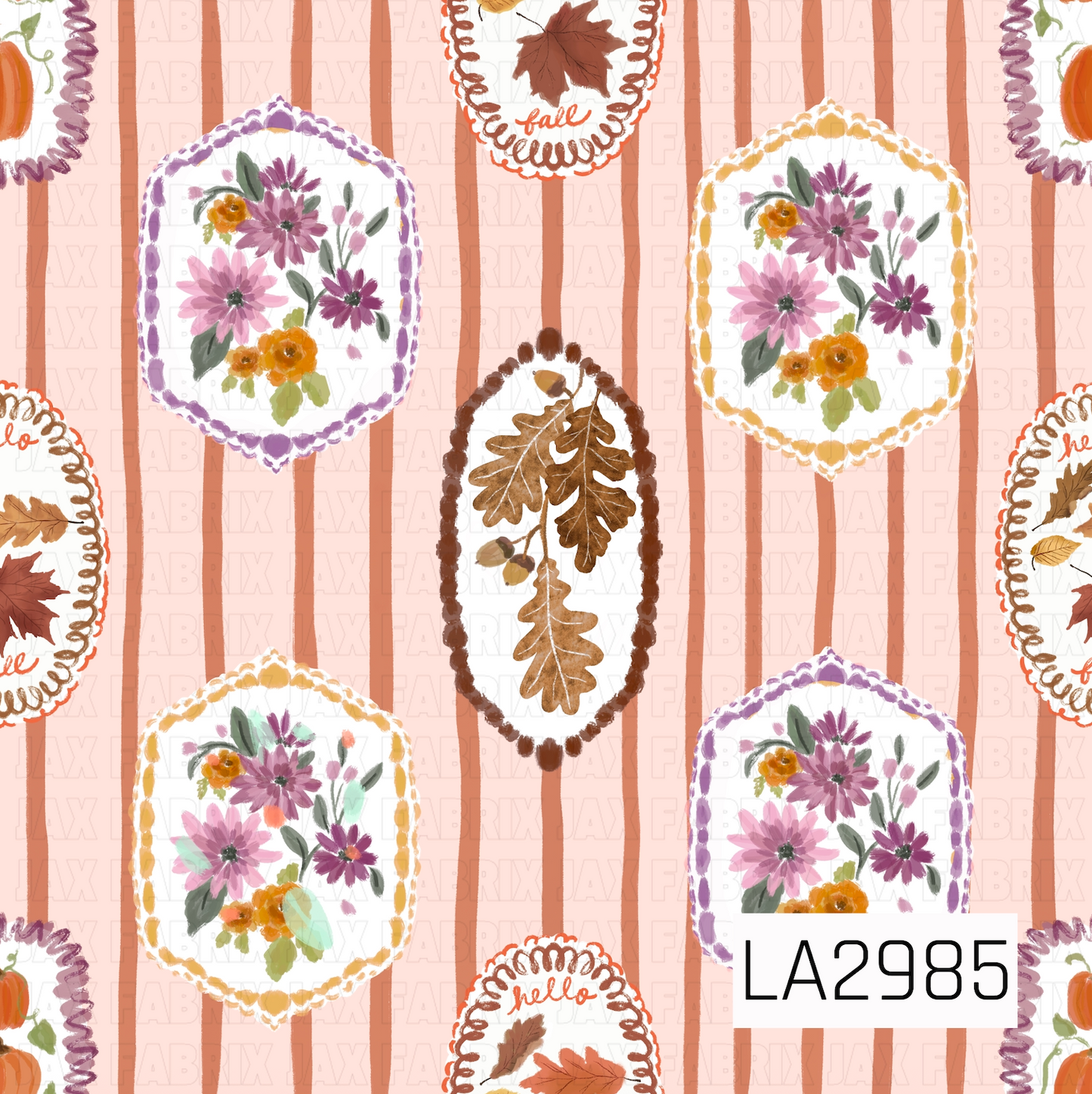 A charming fall pattern featuring vintage-inspired floral and botanical frames set against warm terracotta brown painterly stripes on a soft blush background. Hand-painted florals, autumn leaves, pumpkins, and cozy seasonal details create a nostalgic harvest design with a sweet cottage-inspired feel, perfect for fall and Thanksgiving.
