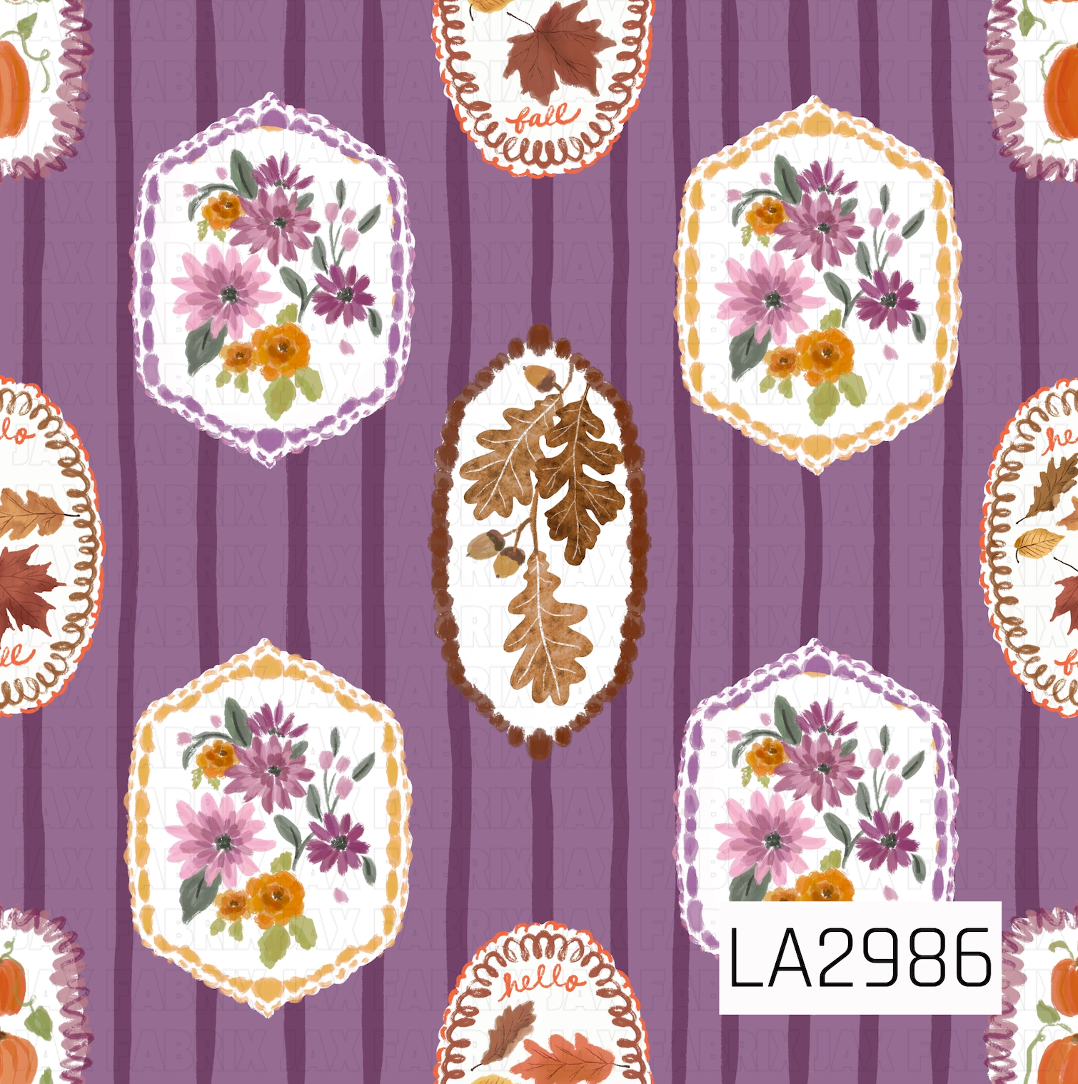 A whimsical fall pattern featuring vintage-inspired floral and botanical frames on a rich plum striped background. Hand-painted florals, autumn leaves, pumpkins, and cozy seasonal details create a warm, nostalgic design with bold fall colors and a charming cottage-inspired feel that's perfect for fall and Thanksgiving.
