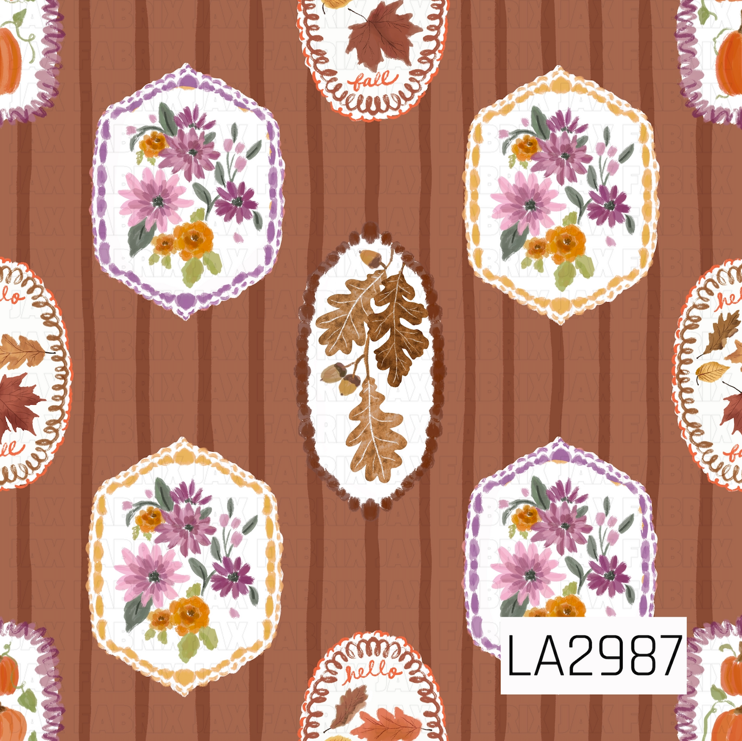 A charming fall pattern featuring vintage-inspired floral and botanical frames on rich chocolate brown painterly stripes. Hand-painted florals, autumn leaves, pumpkins, and cozy seasonal accents create a warm, rustic design with a vintage harvest feel that's perfect for fall and Thanksgiving.
