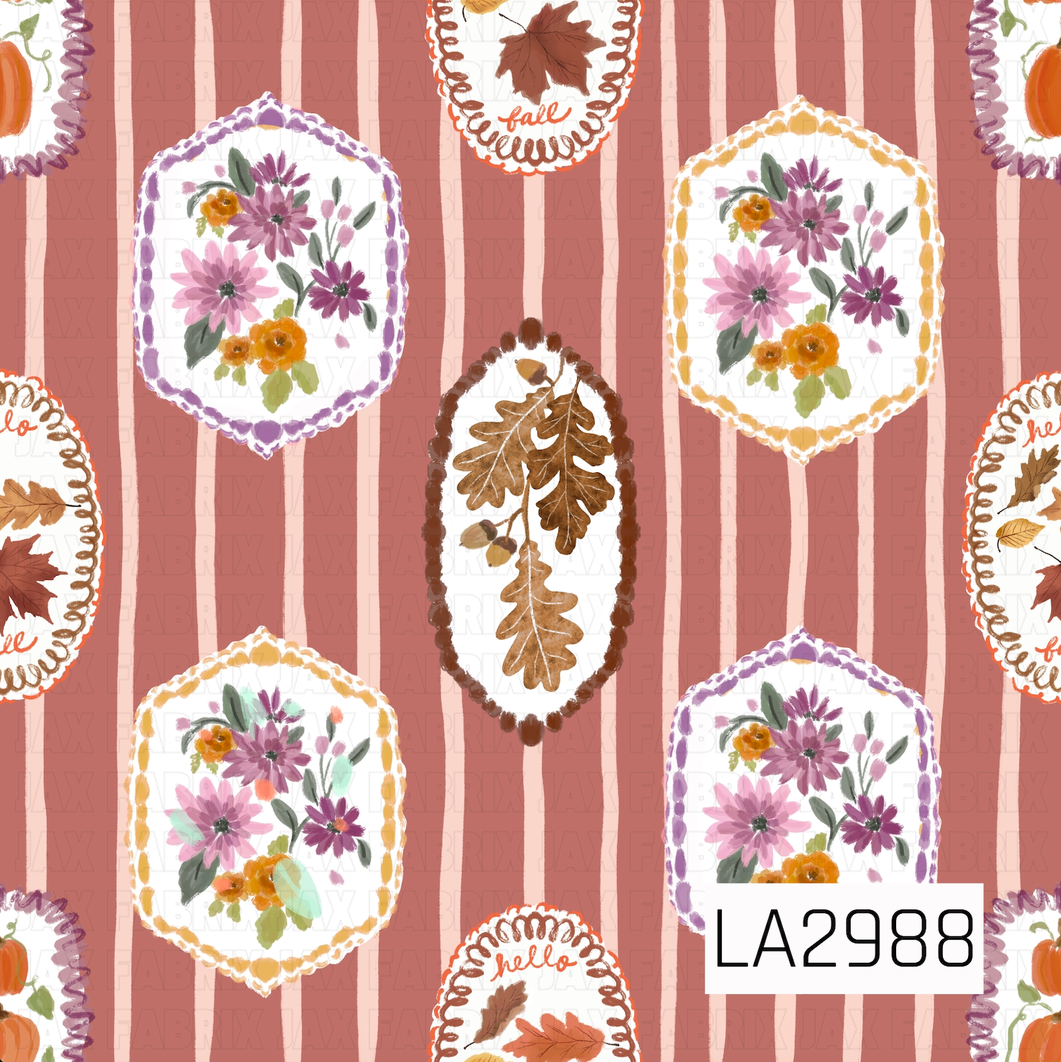 A charming fall pattern featuring vintage-inspired floral and botanical frames set against dusty rose and blush pink painterly stripes. Hand-painted florals, autumn leaves, pumpkins, and cozy seasonal accents create a warm, nostalgic design with a soft cottage-inspired feel that's perfect for fall and Thanksgiving.
