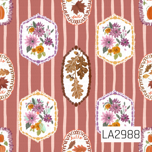 A charming fall pattern featuring vintage-inspired floral and botanical frames set against dusty rose and blush pink painterly stripes. Hand-painted florals, autumn leaves, pumpkins, and cozy seasonal accents create a warm, nostalgic design with a soft cottage-inspired feel that's perfect for fall and Thanksgiving.
