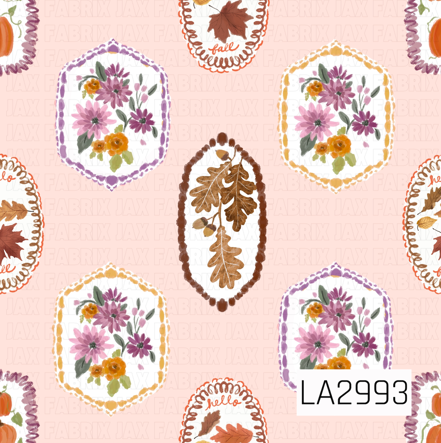 A charming fall panel featuring hand-painted floral frames, oak leaves, pumpkins, and autumn foliage scattered across a soft blush background. Warm oranges, rich browns, and muted purples give this vintage-inspired design a cozy, nostalgic feel that's perfect for fall and Thanksgiving collections.
