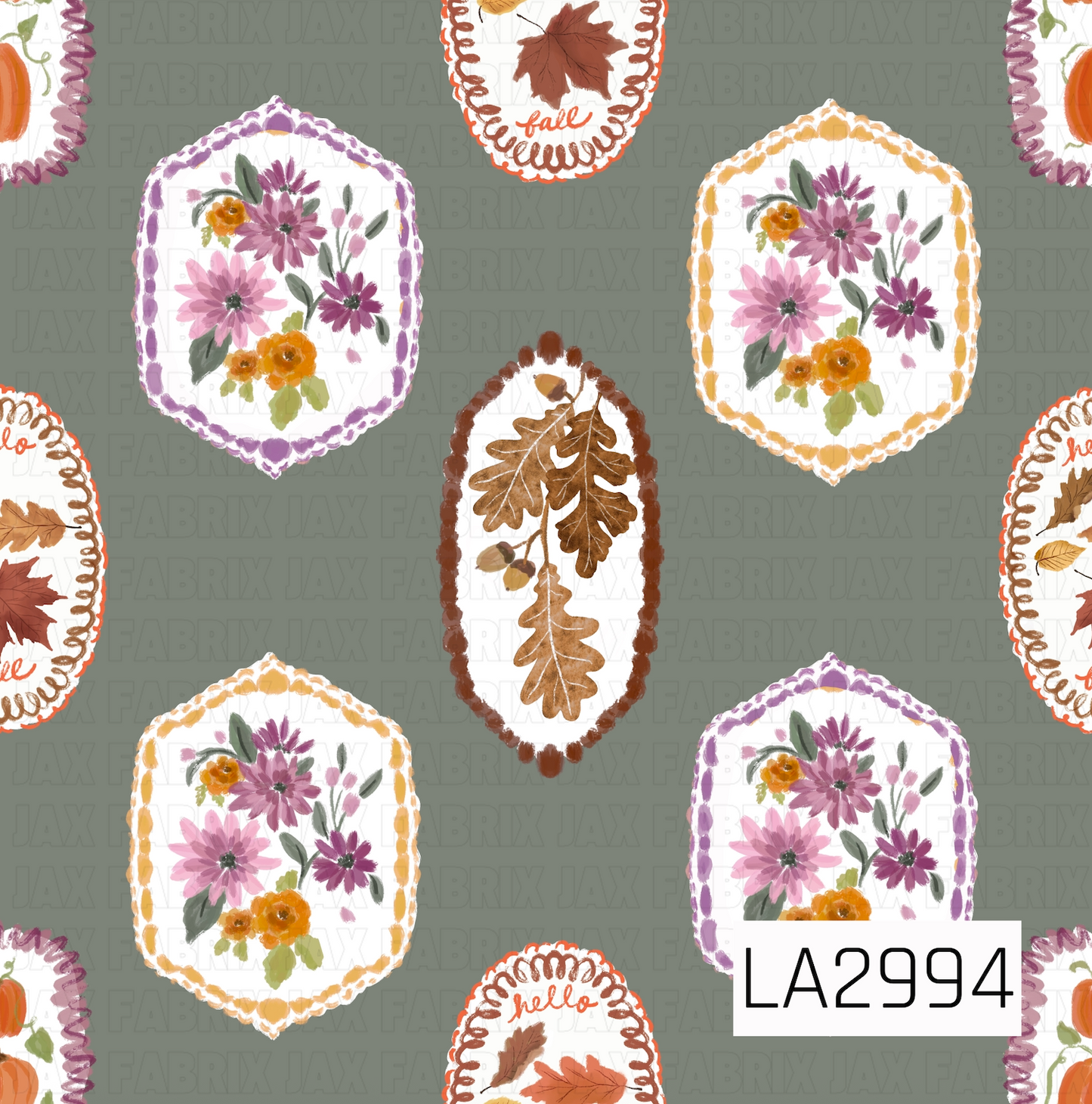A charming fall panel featuring hand-painted floral frames, oak leaves, pumpkins, and autumn foliage set against a soft sage green background. Warm oranges, rich browns, muted purples, and earthy greens create a cozy vintage feel that's perfect for fall and Thanksgiving collections.
