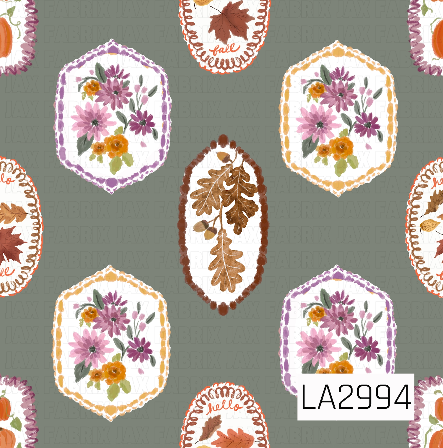 A charming fall panel featuring hand-painted floral frames, oak leaves, pumpkins, and autumn foliage set against a soft sage green background. Warm oranges, rich browns, muted purples, and earthy greens create a cozy vintage feel that's perfect for fall and Thanksgiving collections.
