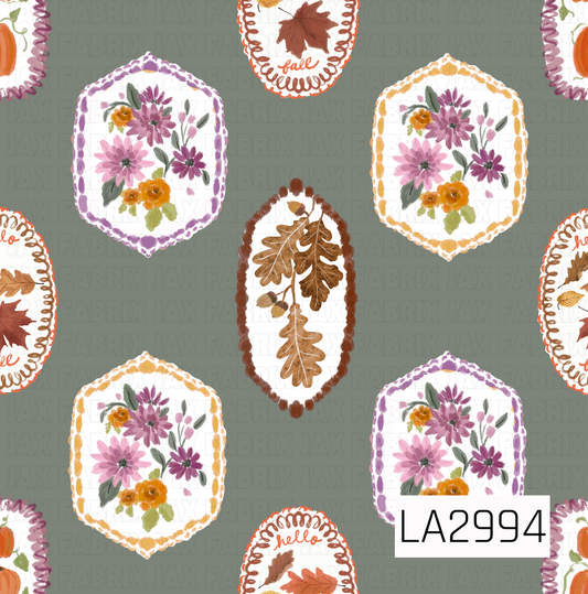 A charming fall panel featuring hand-painted floral frames, oak leaves, pumpkins, and autumn foliage set against a soft sage green background. Warm oranges, rich browns, muted purples, and earthy greens create a cozy vintage feel that's perfect for fall and Thanksgiving collections.
