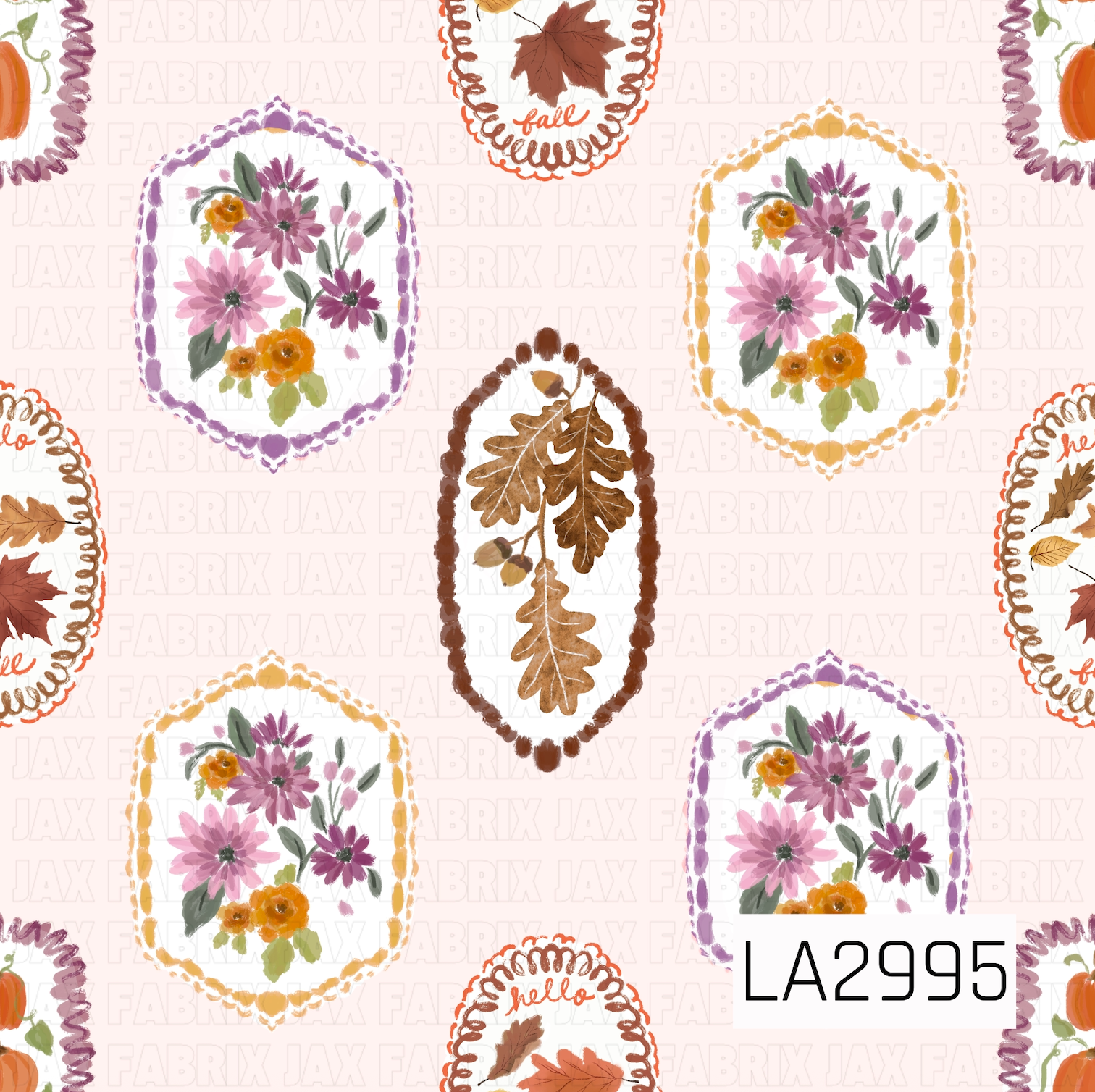 A charming fall panel featuring hand-painted floral frames, oak leaves, pumpkins, and autumn foliage set against a soft cream background. Warm oranges, rich browns, muted purples, and delicate florals create a cozy vintage feel that's perfect for fall and Thanksgiving collections.
