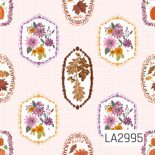 A charming fall panel featuring hand-painted floral frames, oak leaves, pumpkins, and autumn foliage set against a soft cream background. Warm oranges, rich browns, muted purples, and delicate florals create a cozy vintage feel that's perfect for fall and Thanksgiving collections.
