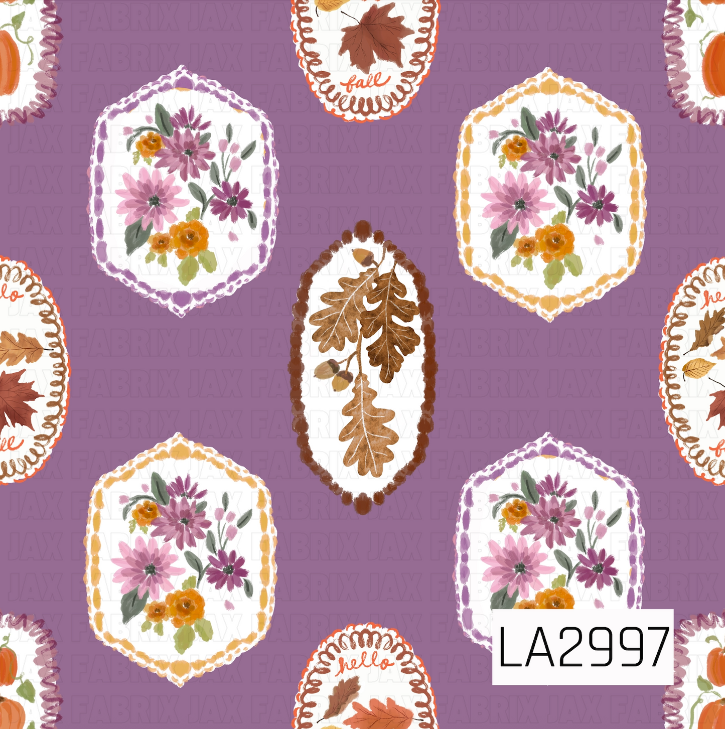 A whimsical fall panel featuring hand-painted floral frames, oak leaves, pumpkins, and autumn leaf accents on a rich muted purple background. Soft watercolor florals in shades of mauve, lavender, and orange pair beautifully with warm autumn tones, creating a cozy vintage-inspired design perfect for seasonal sewing and crafting projects.
