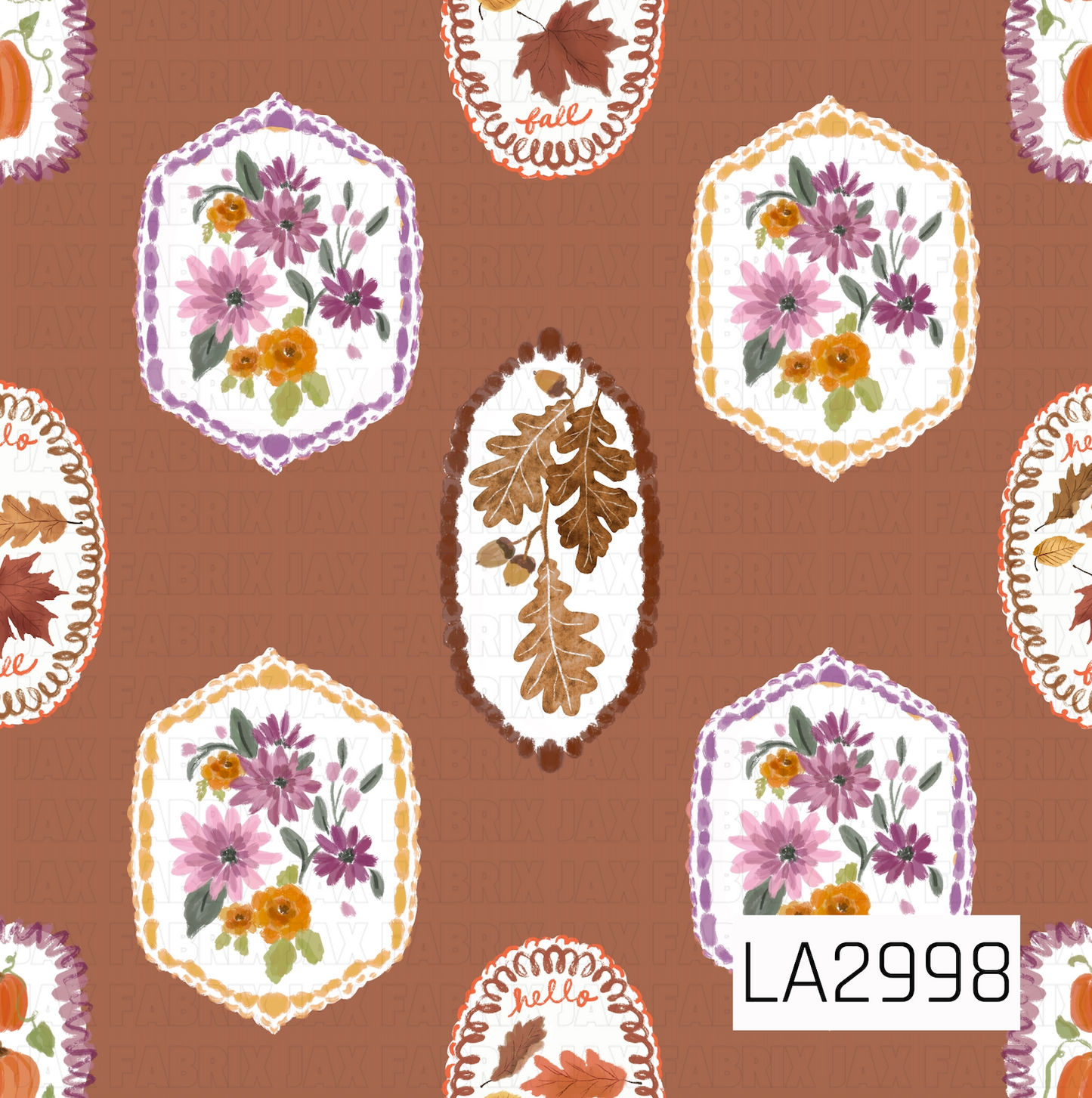 A whimsical fall panel featuring hand-painted floral frames, oak leaves, pumpkins, and autumn leaf accents on a warm cinnamon brown background. Soft watercolor florals in shades of mauve, lavender, golden yellow, and orange are paired with rustic autumn botanicals, creating a cozy vintage-inspired design perfect for seasonal sewing and crafting projects.
