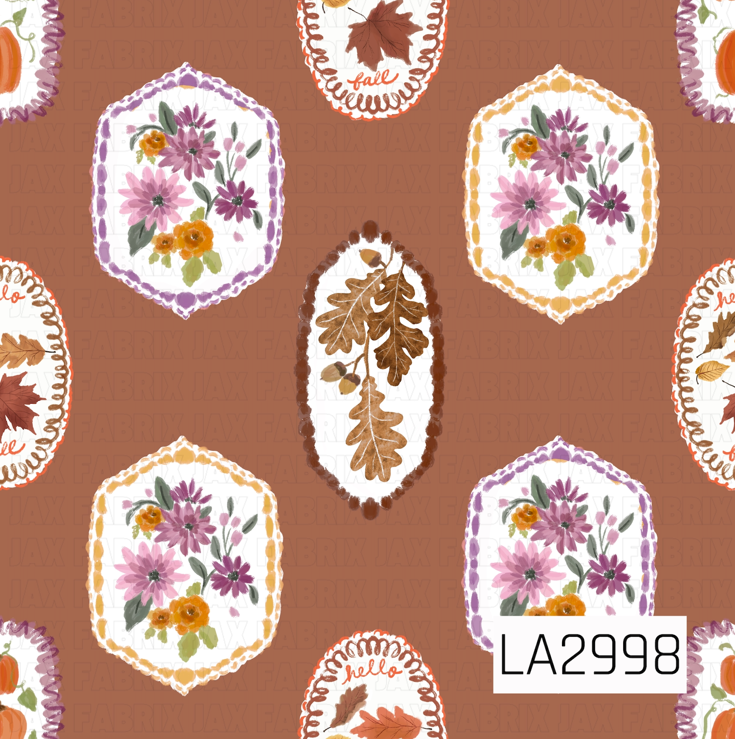 A whimsical fall panel featuring hand-painted floral frames, oak leaves, pumpkins, and autumn leaf accents on a warm cinnamon brown background. Soft watercolor florals in shades of mauve, lavender, golden yellow, and orange are paired with rustic autumn botanicals, creating a cozy vintage-inspired design perfect for seasonal sewing and crafting projects.
